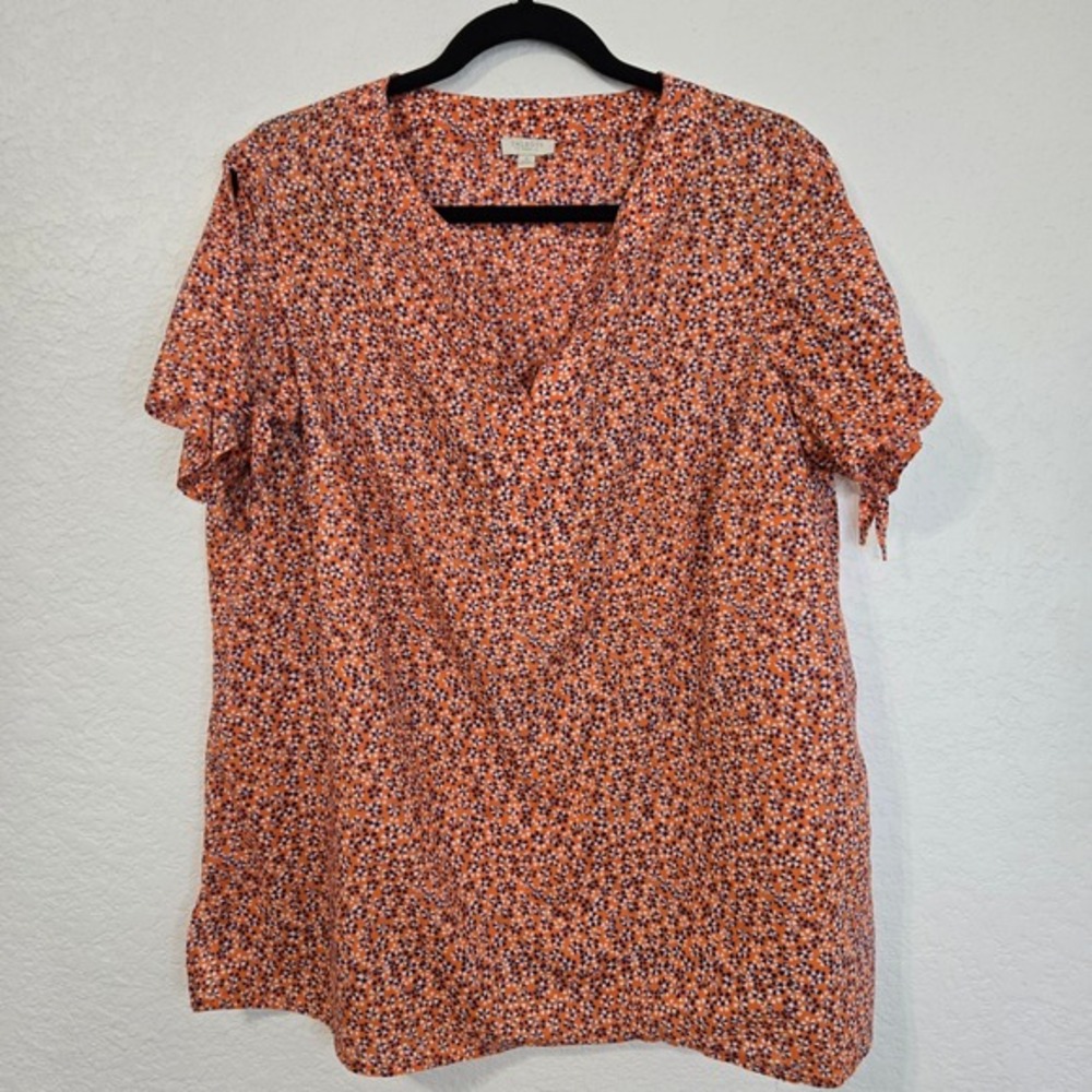 Talbots X Plus Size Orange Floral Tie Sleeve V Neck‎ Top Blouse Ditsy Colorful